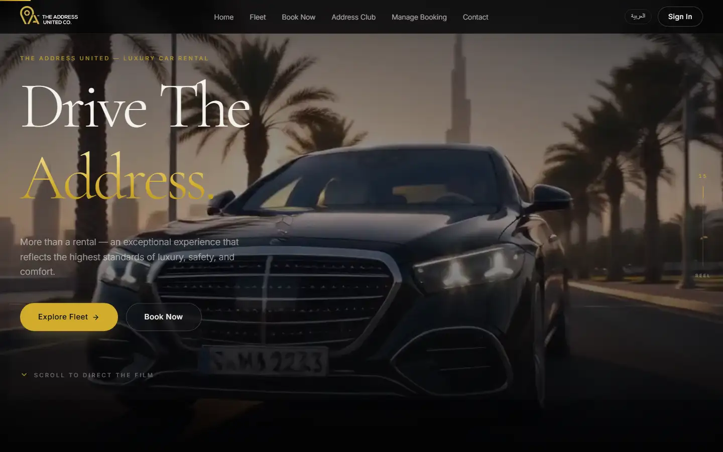 Home page hero reading “Drive The Address” over a black luxury sedan at dusk