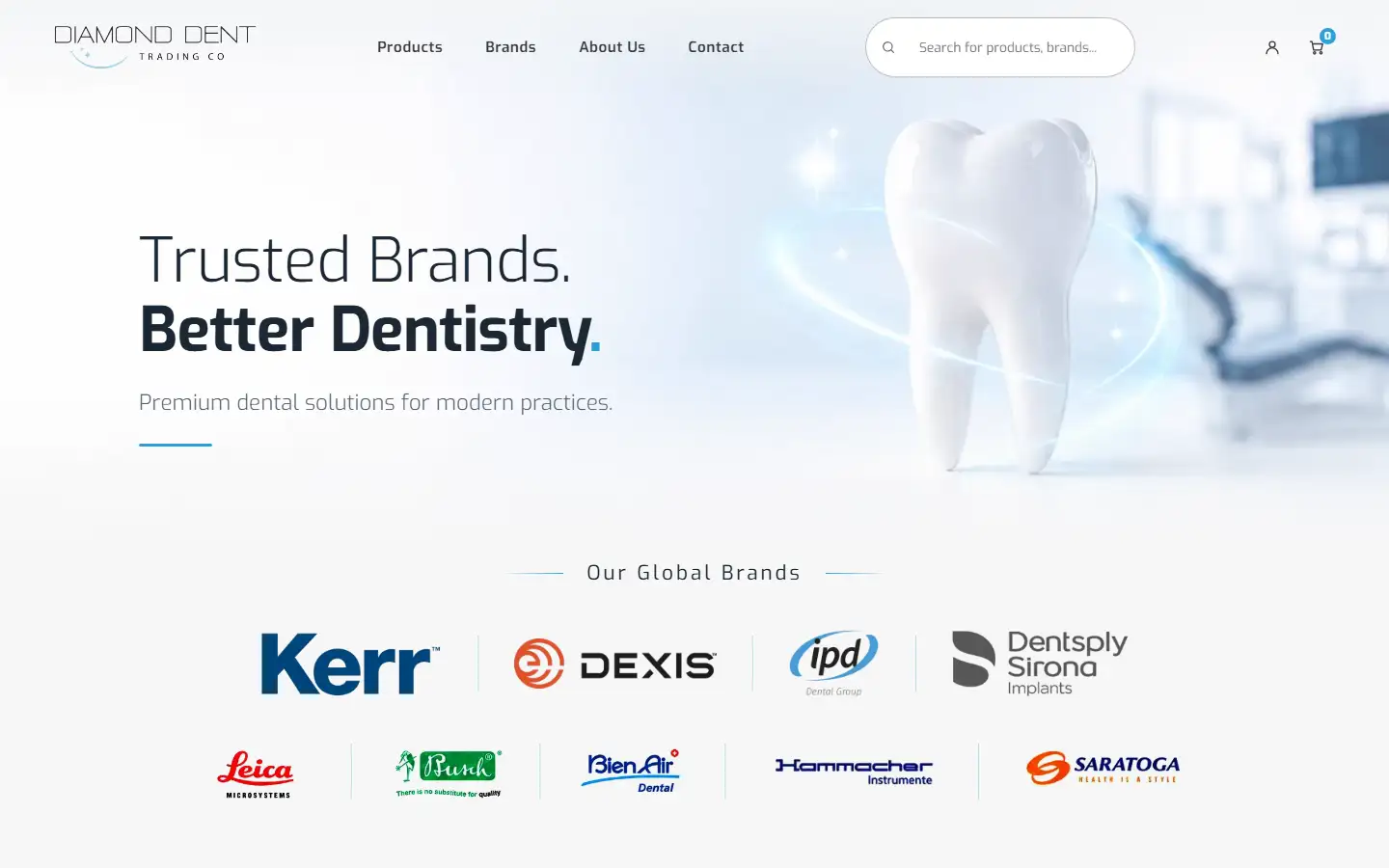 الواجهة الرئيسية بعبارة «Trusted Brands. Better Dentistry.» فوق شريط شعارات العلامات العالمية
