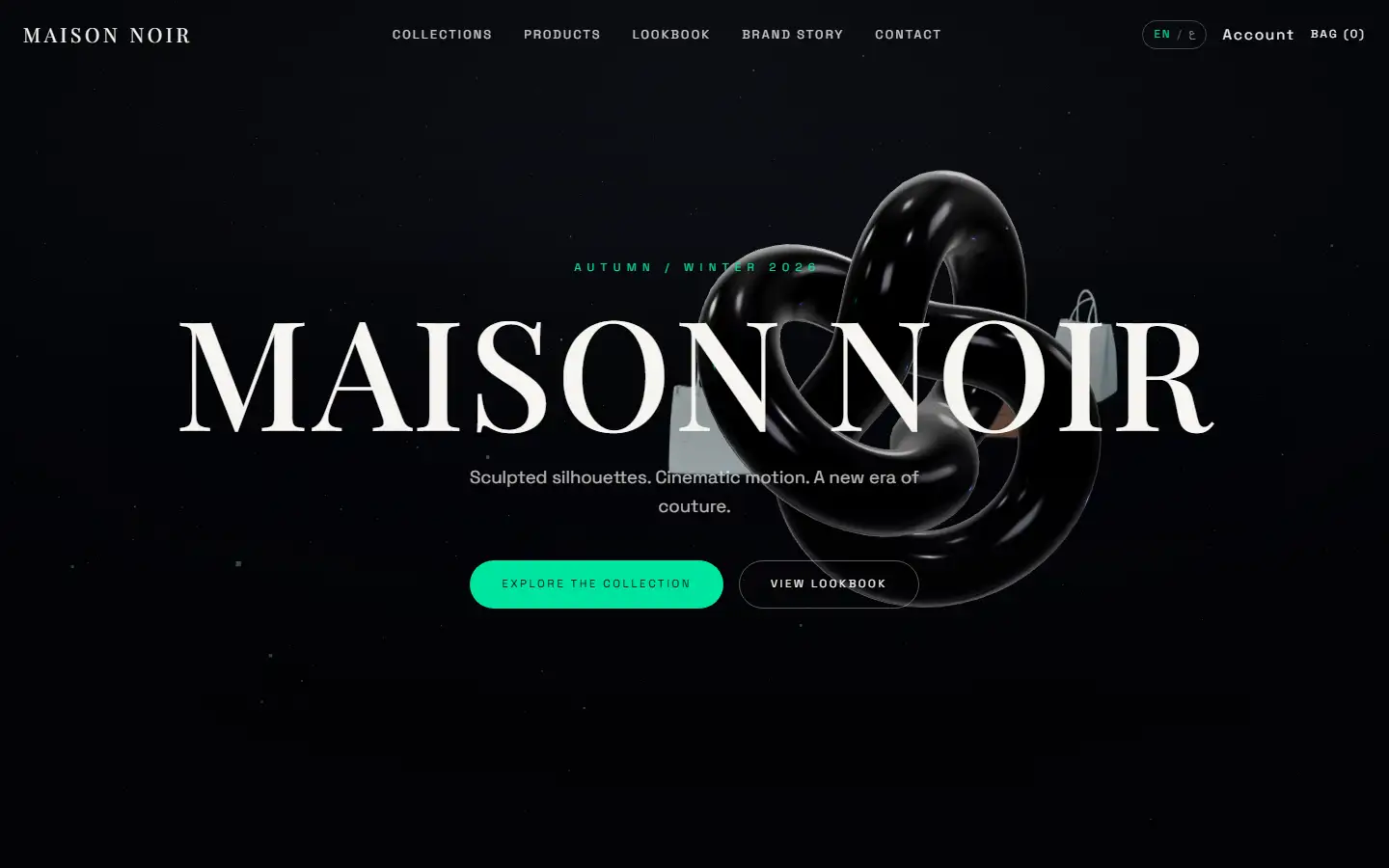 Storefront hero with the Maison Noir wordmark over a glossy black 3D knot