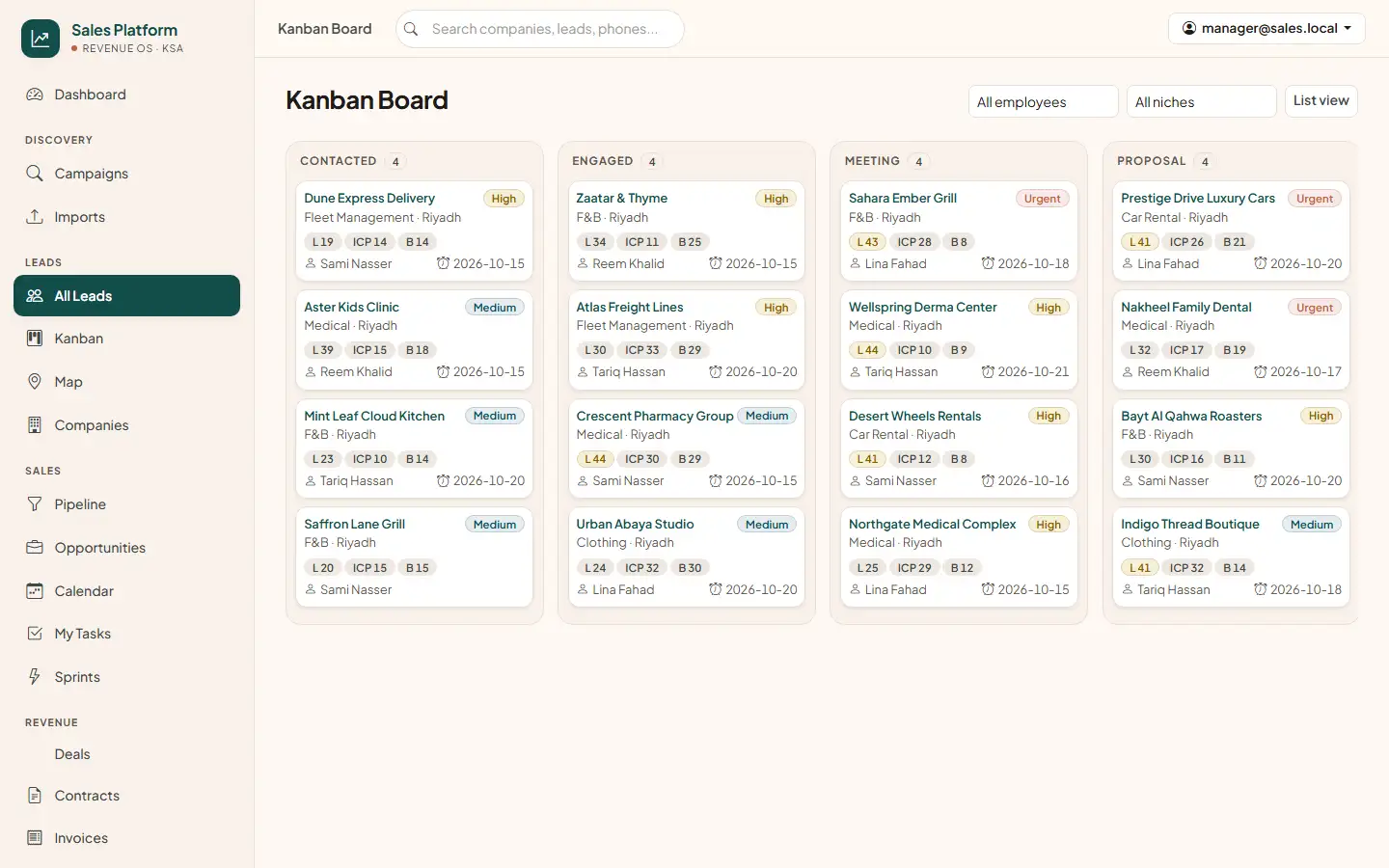 Lead Kanban board with score chips, priorities, owners and follow-up dates