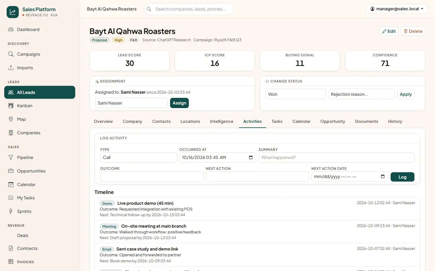 Lead detail page with scores, assignment, status and activity timeline
