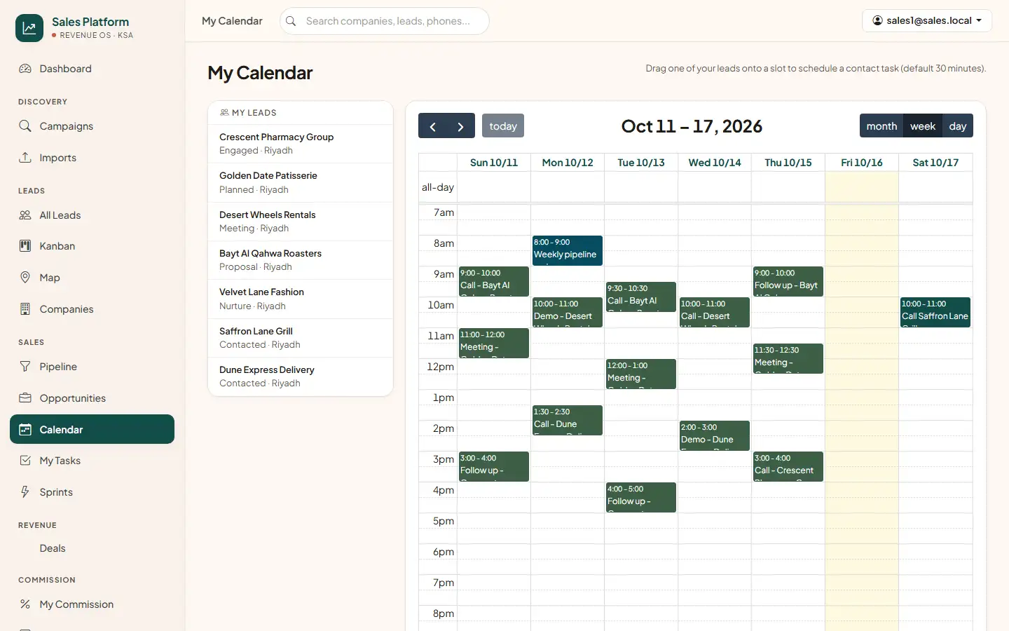 A sales rep's weekly calendar of calls, demos and meetings