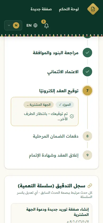 مراحل الصفقة على الجوال، وقد وقّع المورّد وتوقيع الجهة المشترية بالانتظار